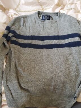 American Eagle Outfitters Grey Crewneck Sweater with Navy Stripes